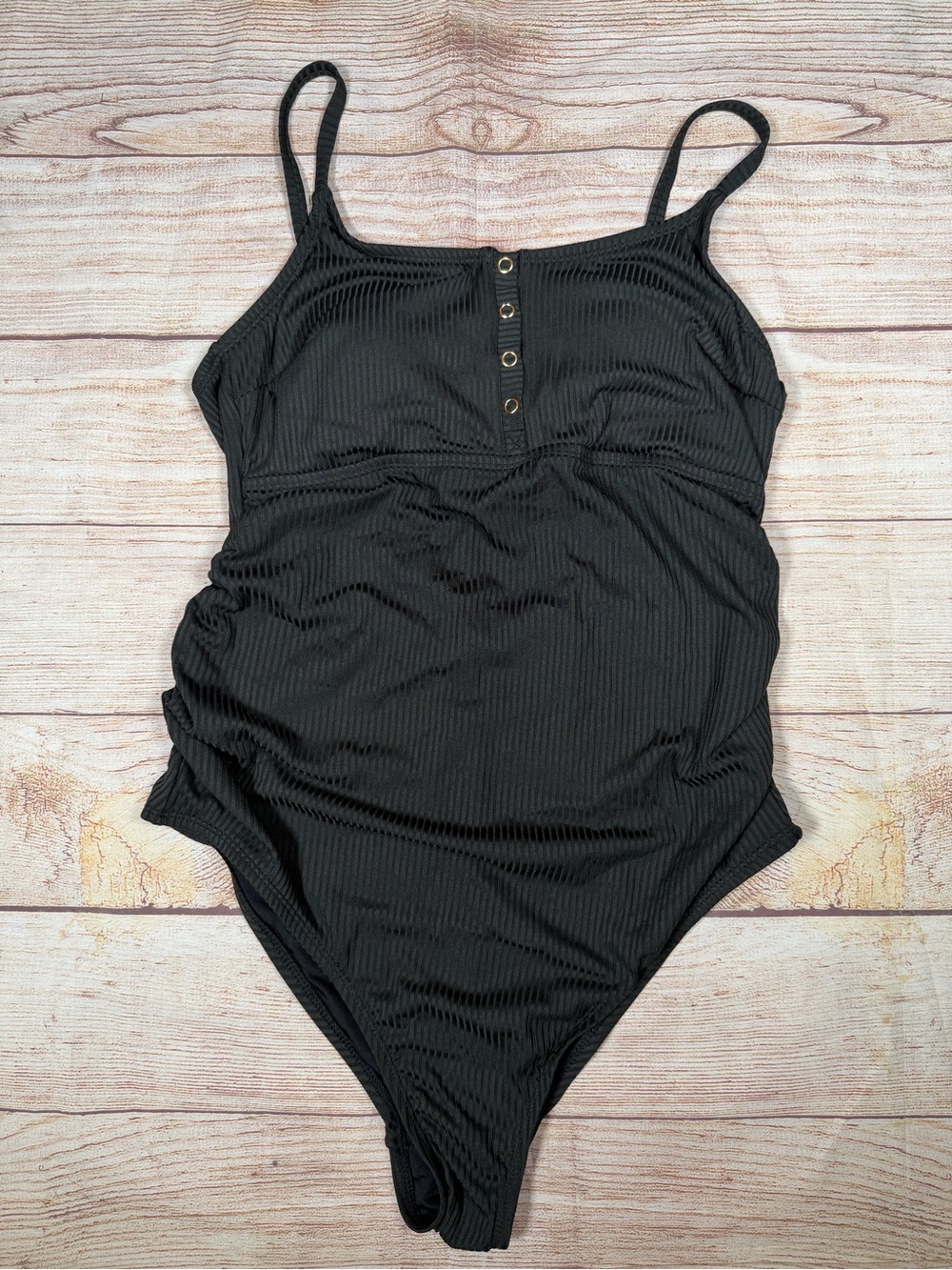 NWT Black Ribbed One-Piece Swimsuit with Front Snap Detail